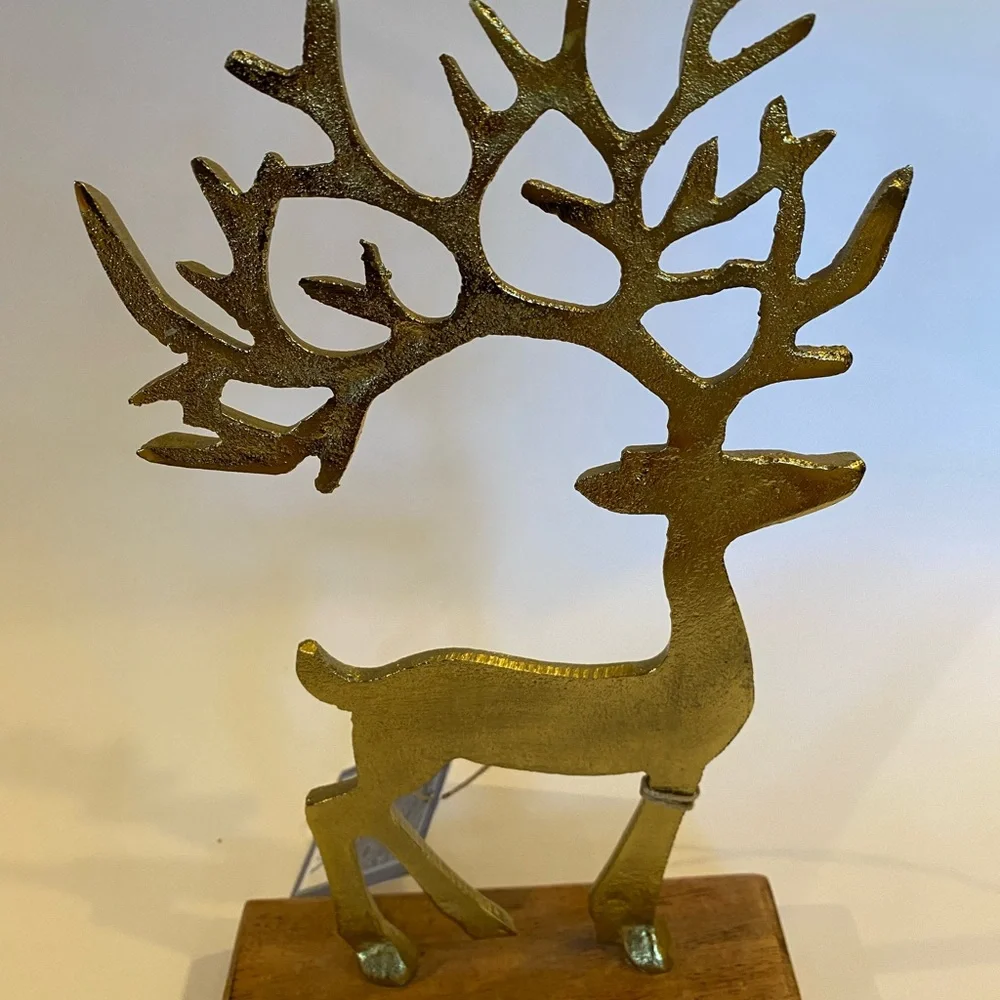Gold Metal Reindeer Figurine on Wood Base Antique Brass-Tone Stag Statue